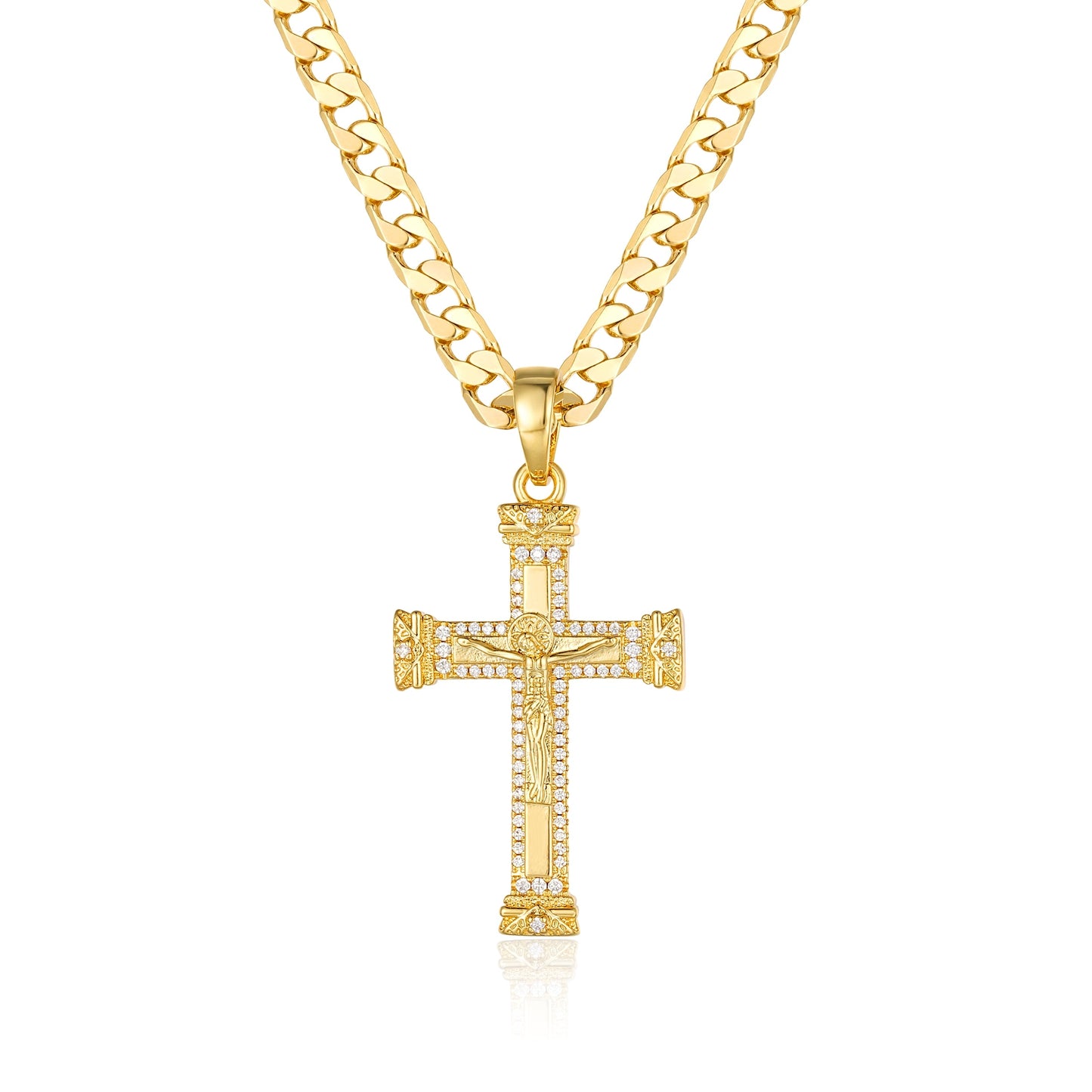 New Heavy Gold Jesus Cross Crucifix Pendant with Stones 22 Inch 6mm Cuban Chain